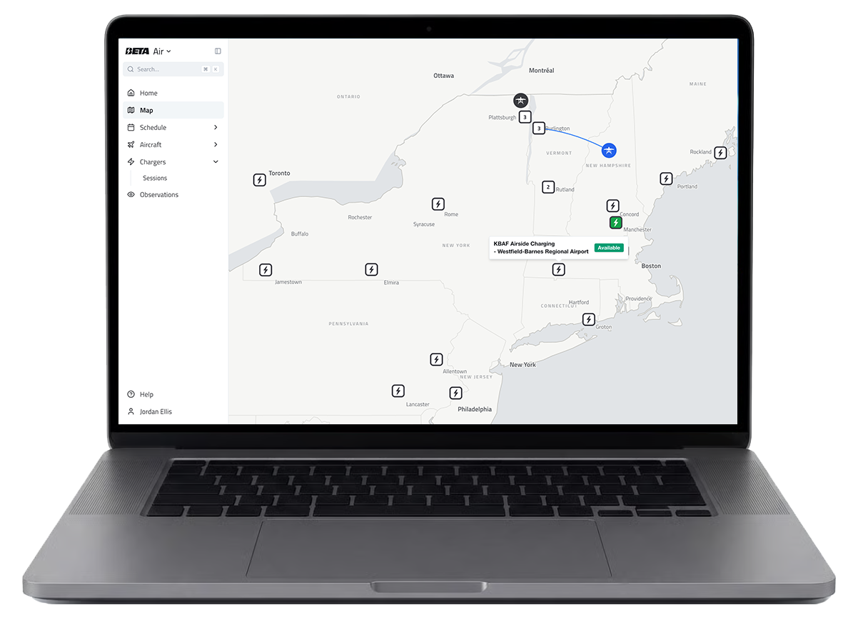 A screenshot of BETA's charge app showing charger status on a map.