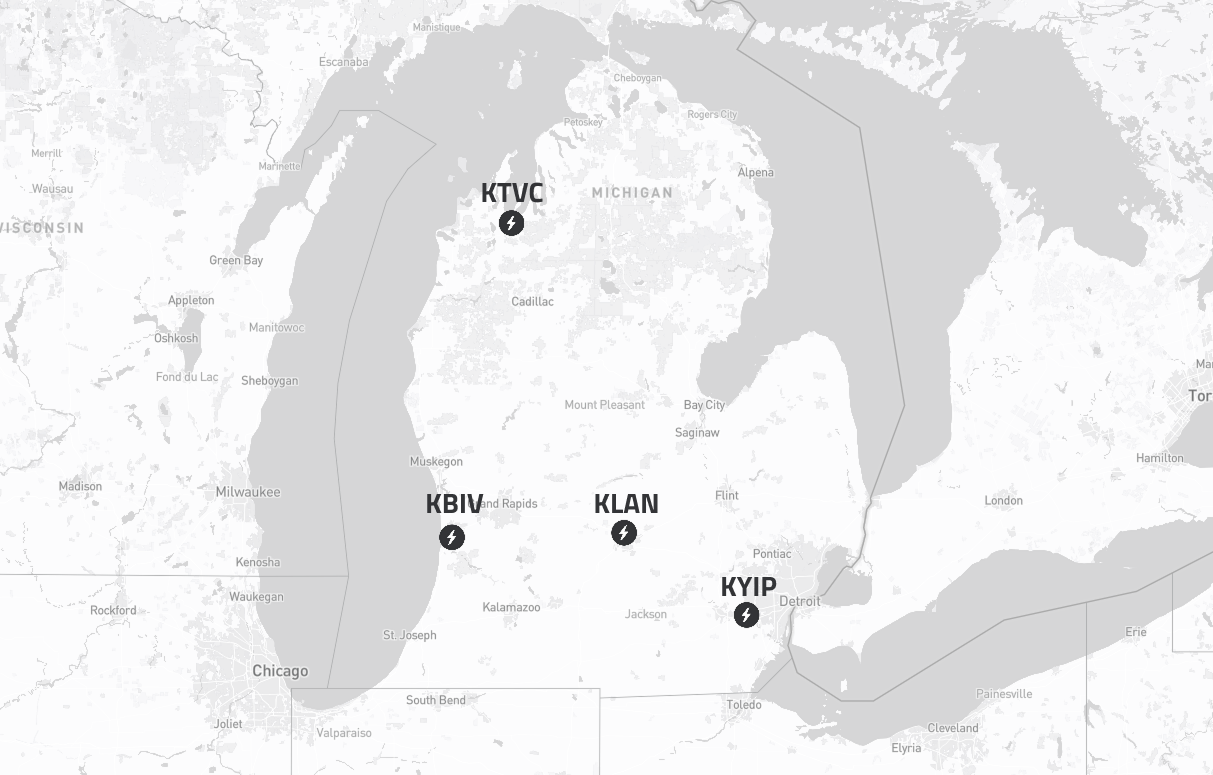 Map of Michigan and the surrounding area, highlighting BETA charge sites installed at KTVC, KBIV, KLAN, and KYIP