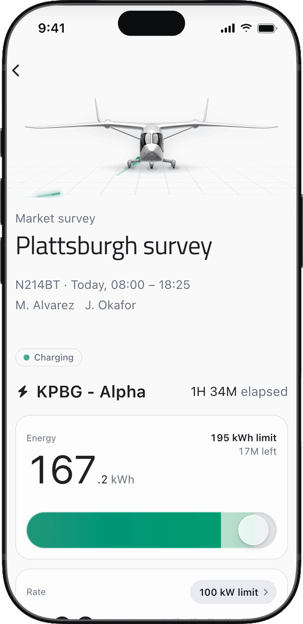 An animated gif showing a screenshot of BETA's charge app showing current charge status of an aircraft.
